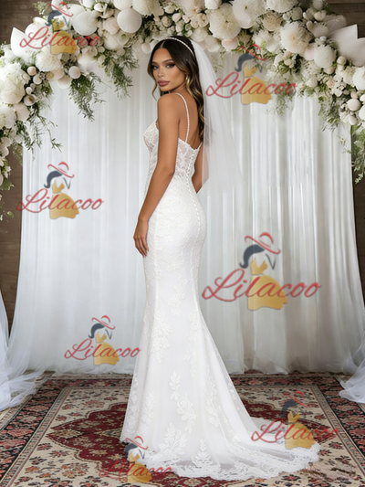 White Mermaid Lace Spaghetti Straps Wedding Dress