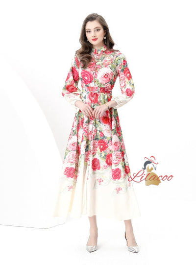 Retro Breasted Stitching Printed Long Dress