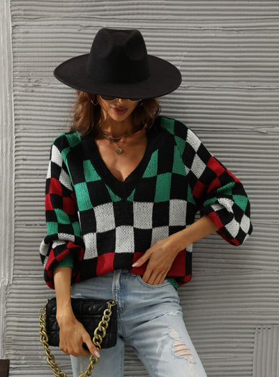 V-neck Check Contrast Pullover Sweater