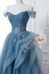 Blue Tulle Pleats Appliques Prom Dress