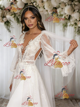 White Lace Long Sleeve Appliques Wedding Dress