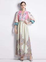 V-neck Lantern Sleeve Slim Printed Dress