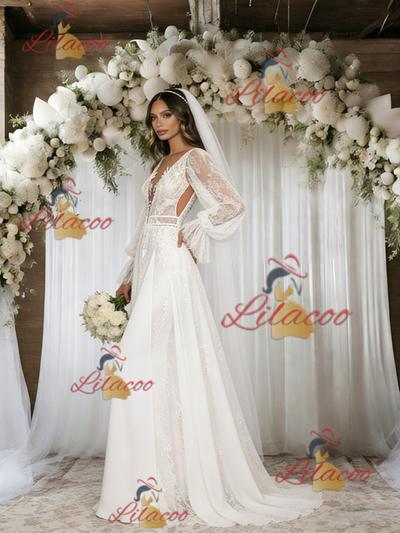 White Lace Long Sleeve Appliques Wedding Dress
