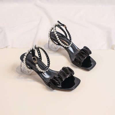 Thick-heeled Transparent Pearl Sandals