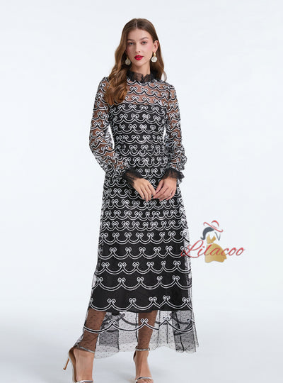 Embroidered Beaded Banquet Long Sleeve Dress