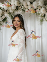 White V-neck Long Sleeve Wedding Dress