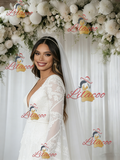 White V-neck Long Sleeve Wedding Dress