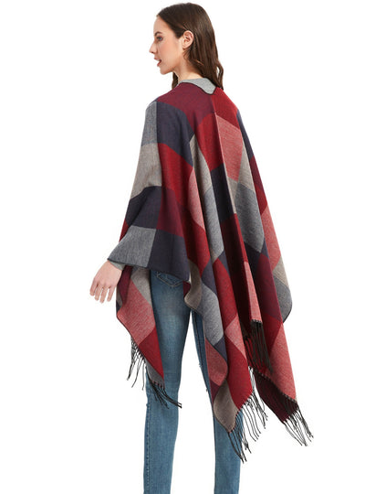 Fringed Double-sided Plaid Split Shawl
