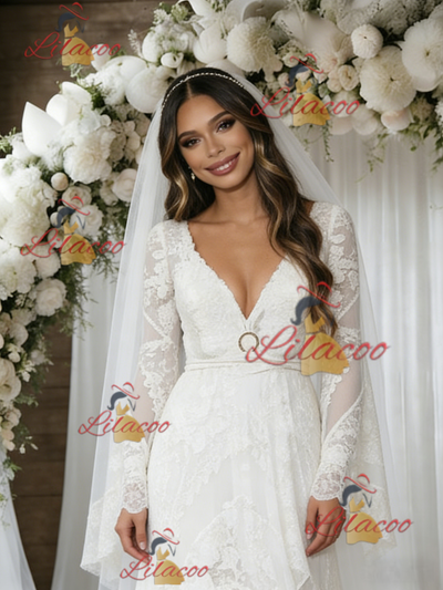 White V-neck Long Sleeve Wedding Dress