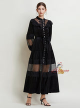 Retro Pearl Buckle Lace Mosaic Velvet Dress