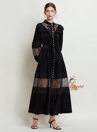 Retro Pearl Buckle Lace Mosaic Velvet Dress