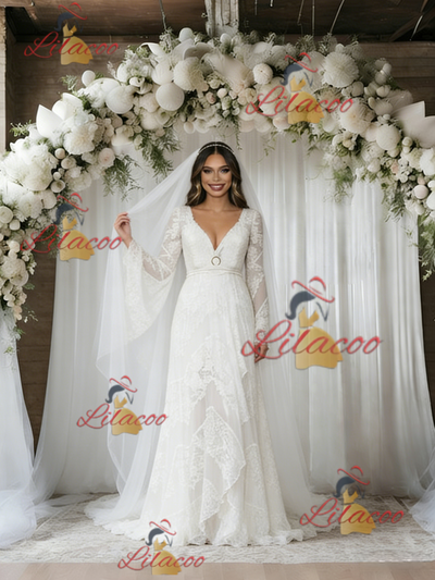 White V-neck Long Sleeve Wedding Dress