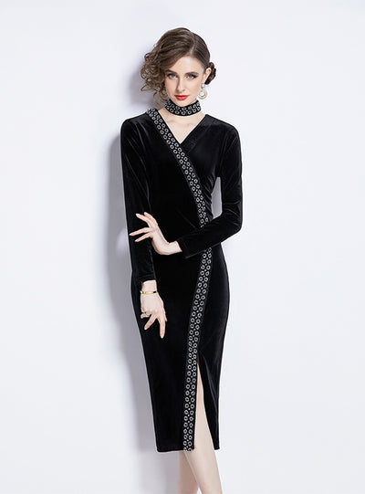 Black Velvet Beaded Slit Slim Dress