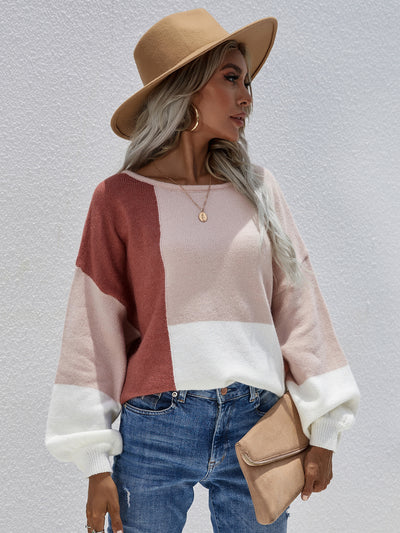 Crew Neck Pullover Back Strap Splicing Sweater