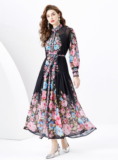 Retro Long Sleeve Slim Printed Dress