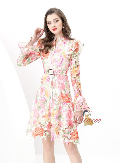 Retro Lace V-neck Long Sleeve Printed Dress