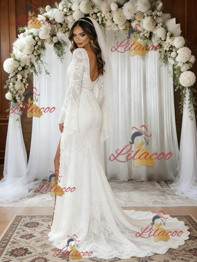 White Mermaid Lace Long Sleeve Wedding Dress