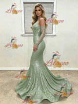 Green Mermaid Sequins Long Sleeve Prom Dress