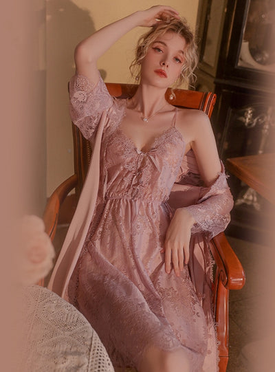 Sexy Lace Perspective Slit Suspender Nightdress