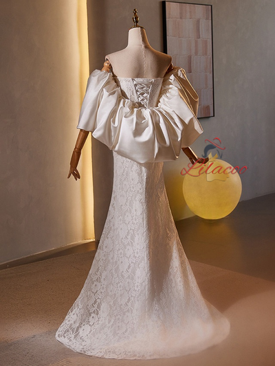 White Mermaid Lace Satin Strapless Wedding Dress