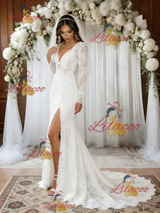 White Mermaid Lace Long Sleeve Wedding Dress