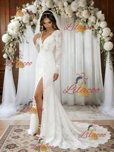 White Mermaid Lace Long Sleeve Wedding Dress