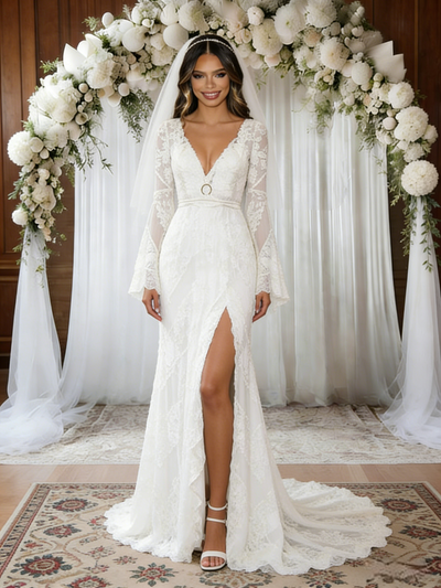 White Mermaid Lace Long Sleeve Wedding Dress
