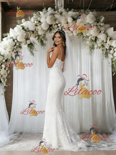 White Mermaid Tulle Lace Spaghetti Straps Wedding Dress