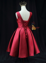 Burgundy Satin Appliques Homecoming Dress