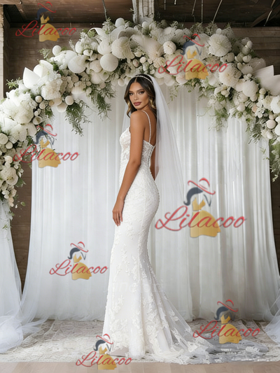 White Mermaid Tulle Lace Spaghetti Straps Wedding Dress