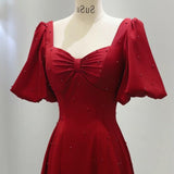 Burgundy Satin Puff Sleeve Pearls Prom Dress
