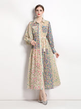 Holiday Style Lapel Long Sleeve Printed Dress