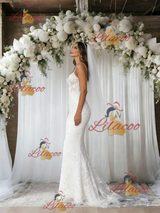 White Mermaid Tulle Lace Spaghetti Straps Wedding Dress