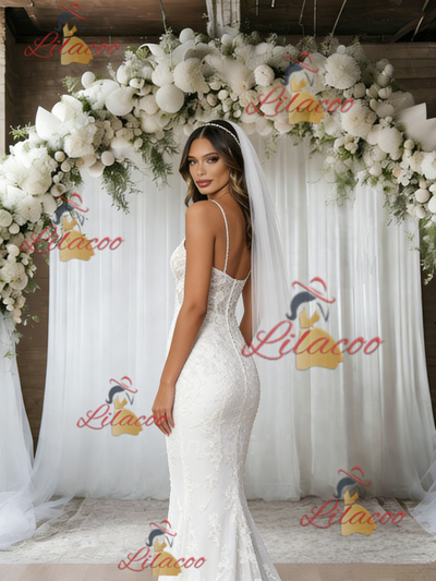 White Mermaid Tulle Lace Spaghetti Straps Wedding Dress