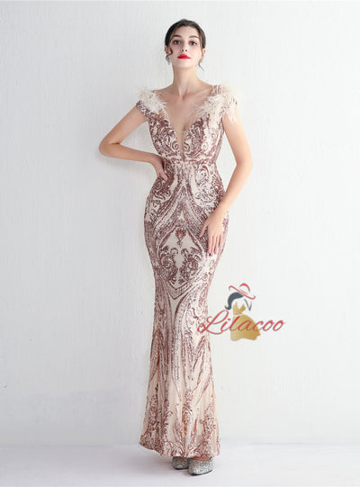 Mermaid Sequins Off the Shoulder Feather Prom Dress