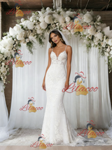 White Mermaid Tulle Lace Spaghetti Straps Wedding Dress
