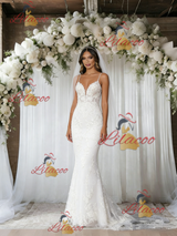White Mermaid Tulle Lace Spaghetti Straps Wedding Dress