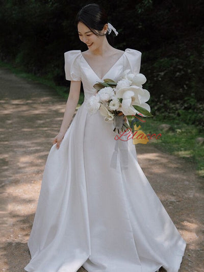 White Satin V-neck Short Sleeve Wedding Dress