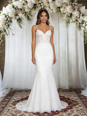 White Mermaid Lace Spaghetti Straps Wedding Dress