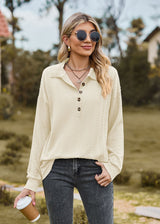 Solid Color Lapel Button Loose Long Sleeve Top