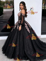 Black Tulle Sequins Long Sleeve Appliques Quinceanera Dress