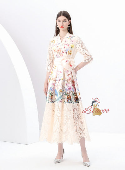 V-neck Long Sleeve Lace Stitching Printed Dress