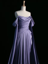 A-Line Purple Off the Shoulder Pleats Prom Dress