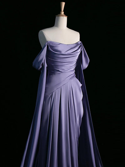 A-Line Purple Off the Shoulder Pleats Prom Dress