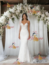 White Mermaid Tulle Lace Spaghetti Straps Wedding Dress