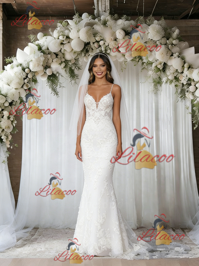 White Mermaid Tulle Lace Spaghetti Straps Wedding Dress