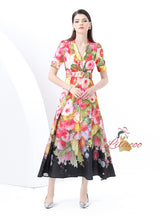 Suit Collar Short Sleeve Floral Print Dress