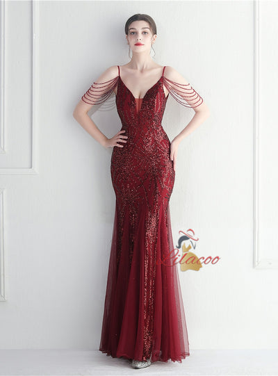 Mermaid Sequins Tulle Spaghetti Straps Beading Prom Dress