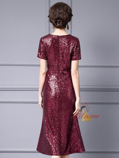 Gold Sequins Beading Short Sleeve Mother Of The Bride Dress