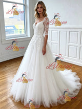 White Tulle Appliques Short Sleeve Wedding Dress